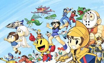  2girls 6+boys alien amur_(dragon_spirit) annotated armor bald baseball_cap battle_city_(game) bero_(warpman) black_armor black_eyes black_shirt blonde_hair blue_hat blue_pants blue_shoes blue_shorts blue_tank_top blue_vest boots breastplate brown_eyes brown_hair carton_(quinty) clovis_(dragon_buster) commentary_request company_connection cover_girl_(family_series) crossover dragon_buster_(game) dragon_spirit druaga_no_tou duel family_series fantasy fighting flying gaia_(star_luster) galaga galaxian gaplus ghost gilgamesh_(druaga) gloves gold_armor green_shirt hat heika_(heikahp) helmet high_ponytail holding holding_baton_(weapon) holding_shield holding_sword holding_weapon horse insect_wings japanese_clothes jockey jumper_(quinty) jumping knight long_hair looking_at_viewer mappy mappy_(character) mask medieval military_vehicle mohawk monmotarou_(youkai_douchuuki) monster motor_vehicle mouse_(animal) multiple_boys multiple_crossover multiple_girls namco newsboy_cap open_hands open_mouth pac-land pac-man pac-man_(game) paccet pants peaked_cap pointing police police_hat police_uniform policeman ponytail quinty red_boots red_eyes red_gloves red_pants red_vest rick_(splatterhouse) running science_fiction shield shirt shoes short_hair shorts shoulder_armor skirt smile spacecraft spacesuit splatterhouse spot_color standing star_luster starfighter sunglasses sword tank tank_top tarosuke_(youkai_douchuuki) tenkaichi_bushi_keru_naguuru vest wagan wagan_land warpman weapon white_hair white_hat white_warpman wings youkai_douchuuki 