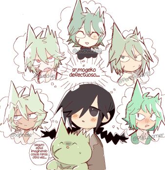  1boy 1girl alternate_design animal_ears black_eyes black_hair black_sweater blue_eyes blush braid brown_jacket closed_mouth collared_shirt creature creature_and_personification dark-skinned_male dark_skin defect_mogeko dudd_ie fang funamusea funamusea_(style) glasses green_vest highres holding holding_creature jacket kurai_yonaka light_blush mogeko_(species) mogeko_castle open_mouth pale_skin personification red_eyes scar scar_on_chest scar_on_face shirt simple_background spanish_commentary spanish_text speech_bubble spoken_character suspenders sweater thought_bubble turtleneck turtleneck_sweater twin_braids vest white_background white_shirt 
