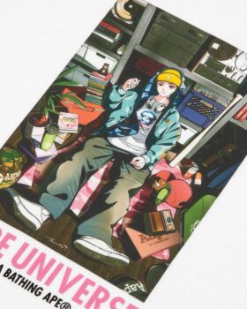  1girl a_bathing_ape aldo_(a_bathing_ape) ball beanie black_pants blue_hoodie blue_jacket camera camouflage camouflage_hoodie can cd_case commentary english_commentary figure hat highres hood hoodie jacket letterboxed logo looking_at_viewer official_art pants photo_(medium) print_shirt sandals shirt shoe_box shoes sitting sneakers soccer_ball solo streetwear tree_13 tumbler unworn_hat unworn_headwear unworn_sandals white_shoes yellow_hat 