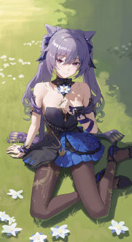  1girl absurdres bare_shoulders black_dress black_pantyhose black_shoes breasts cleavage closed_mouth commentary commission dress flower genshin_impact hair_between_eyes hair_ears high_heels highres holding holding_flower keqing_(genshin_impact) keqing_(opulent_splendor)_(genshin_impact) large_breasts light_blush llami_0 long_hair looking_at_viewer official_alternate_costume pantyhose purple_eyes purple_hair shoes sitting smile solo strapless strapless_dress twintails yokozuwari 