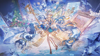  1girl blue_background blue_dress blue_hair blue_ribbon blue_skirt branch bud building chinese_commentary chinese_hairpin closed_mouth commentary_request dress flower fortissimo full_body glasses glove_bow gloves green_eyes grey_hair hair_ornament high_heels highres holding holding_wand holding_weapon horizon legs long_hair looking_at_viewer luo_tianyi mage_staff multicolored_hair muscular muscular_female music musical_note musical_note_belt musical_note_hair_ornament musical_note_ornament musical_staff musical_staff_print ocean pantyhose photo_background picture_frame pink_flower red_flower ribbon rock satsuya shadow shirt shore skinny skirt smile socks solo staff stairs standing tree twintails very_long_hair vocaloid vsinger_(vocaloid) wand water weapon white_dress white_gloves white_hair white_shirt window 