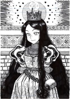  1girl arms_behind_back cross cross_necklace crown dress expressionless greyscale highres jewelry long_hair monochrome necklace original princess solo suzuki_ken&#039;ya traditional_media very_long_hair 