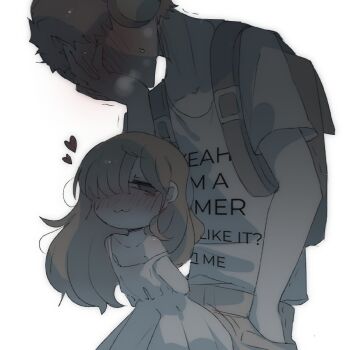 1boy 1girl :3 anatomy_of_a_gamer_(meme) backpack bag black_bag black_eyes blush borrowed_character brown_hair brown_pants child_gf_(orenji) commentary covering_face deliriumcenter dress english_commentary full-face_blush gamer_(orenji) grey_shirt hair_over_one_eye hand_in_pocket headphones heart hetero highres humping loli long_hair meme mesugaki original pants print_shirt sexually_suggestive shirt simple_background smug sweat white_background white_dress rating:Sensitive score:421 user:danbooru