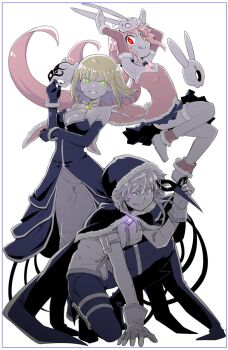  3girls :d anklet bare_shoulders bird_mask black_boots black_bow black_bowtie black_cloak black_dress black_mask black_pants black_skirt black_sleeves blonde_hair blue_border boots border bow bow_choker bowtie breasts bright_pupils cat_mask chest_jewel choker cleavage cloak closed_mouth coattails commentary_request corbeau_(madoka_magica) cuisses detached_sleeves dress evil_grin evil_smile familiar full_body fur-trimmed_cloak fur-trimmed_dress fur-trimmed_hood fur-trimmed_sleeves fur_choker fur_trim gem gloves glowing_gem green_eyes grin hair_between_eyes halter_dress halterneck hand_on_ground hand_on_own_elbow happy highres holding holding_mask hood hood_up hooded_cloak jewelry jumping knee_boots lapin_(madoka_magica) large_breasts long_sleeves loose_hair_strand magical_girl mahou_shoujo_madoka_magica mahou_shoujo_madoka_magica_magia_exedra mahou_shoujo_tart_magica mask mask_on_head masu_gitsune medium_breasts medium_dress medium_hair miniskirt minou_(madoka_magica) multiple_girls official_artist_extra on_one_knee open_mouth pale_skin pants pink_dress pink_gem pink_hair pink_sleeves pleated_skirt purple_eyes purple_gem rabbit_mask rabbit_pose red_eyes shirt shoulder_pads siblings simple_background sisters skirt skirt_under_dress small_breasts smile smug standing strapless strapless_dress tailcoat tareme thigh_boots tongue tongue_out unworn_mask white_background white_boots white_choker white_gloves white_mask white_pants white_shirt yellow_gem 