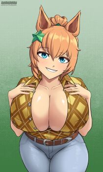  1girl animal_ears artist_name belt blush breasts cleavage hair_ornament head_tilt horse_ears horse_girl huge_breasts kushishekku looking_at_viewer open_clothes parted_lips ponytail smile solo standing star_(symbol) star_hair_ornament taiki_shuttle_(umamusume) teeth thick_thighs thighs umamusume unbuttoned  rating:Sensitive score:10 user:Qwertyuiop999