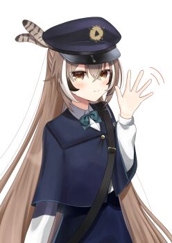  1girl bow bowtie brown_cloak cloak commentary english_commentary feather_hair_ornament feathers hair_ornament hand_wave highres hololive hololive_english long_hair looking_at_viewer multicolored_hair nanashi_mumei official_alternate_costume rio567_jp shirt skirt streaked_hair virtual_youtuber waving 