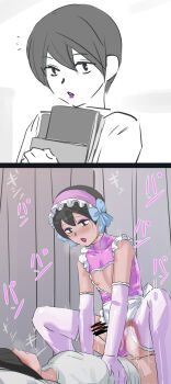 1boy 1futa 2koma anal apron before_and_after black_hair blush censored clothing_cutout comic cowgirl_position crossdressing elbow_gloves erection eyeshadow frills futa_with_male futanari gloves heart_cutout lipstick maid maid_apron maid_headdress makeup male_penetrated motion_lines penis pink_gloves raitaroo ribbon riding sex short_hair shota sound_effects speed_lines straddling sweat thighhighs trap x-ray