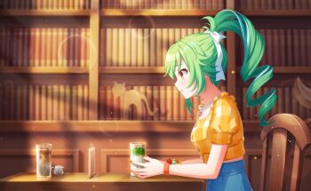  1girl akiru_kamira blue_skirt blush bookshelf breasts collarbone commentary_request cup from_side game_cg green_hair highres holding indoors jewelry library long_hair necklace official_art ponytail profile shirt short_sleeves sidelocks skirt solo standing striped_clothes striped_shirt third-party_source world_dai_star 