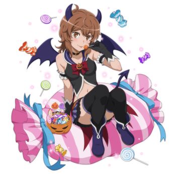  1girl anime_coloring arm_garter bare_shoulders belt_collar black_collar black_gloves black_skirt black_thighhighs boots bow bowtie brown_eyes brown_hair candy candy_wrapper collar danmachi_memoria_freese demon_costume demon_tail demon_wings dungeon_ni_deai_wo_motomeru_no_wa_machigatteiru_darou_ka fake_horns fake_tail fake_wings food game_cg gloves halloween halloween_bucket halloween_costume hand_up holding holding_candy holding_food holding_lollipop horns knees_up liliruca_arde lollipop looking_at_viewer medium_hair midriff navel official_art purple_boots purple_horns purple_wings red_bow red_bowtie sitting skirt sleeveless smile solo swirl_lollipop tail thighhighs third-party_source tongue tongue_out wings wrapped_candy 