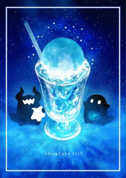  abstract artist_name blue_theme commentary drink drinking_straw food highres holding holding_star horns hoshikui ice ice_cream ice_cube no_humans original shoutarou_(shoutarotttt) star_(sky) star_(symbol) starry_background tail 