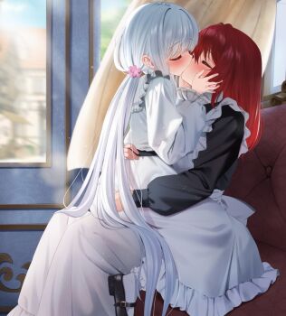  2girls apron bagel_sandica berry_(shoujo_no_nozomanu_eiyuutan) black_dress black_shoes blush closed_eyes commentary_request curtains dress flower hair_flower hair_ornament hand_on_another's_face hand_on_another's_waist highres kiss krische long_hair long_sleeves maid maid_apron mary_janes master_and_servant multiple_girls red_hair shoes shoujo_no_nozomanu_eiyuutan sitting sitting_on_lap sitting_on_person socks sweat twintails vehicle_interior white_dress white_hair white_socks yuri 