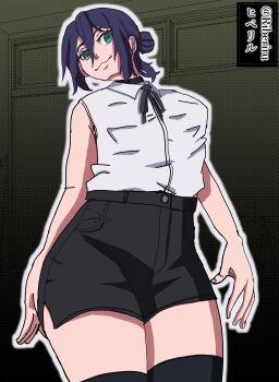  absurdres bomb_devil_(chainsaw_man) chainsaw_man choker highres kalar_(race) long_legs looking_at_viewer micro_shorts purple_hair reze_(chainsaw_man) riberiru shirt short_hair short_shorts shorts smile white_shirt 