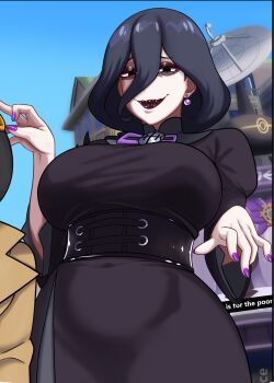  2girls absurdres bags_under_eyes black_corset black_dress black_hair breasts commentary corset dress earrings emma_(pokemon) english_commentary hex_maniac_(pokemon) hex_maniac_(pokemon_legends:_z-a) highres jewelry large_breasts mature_female multiple_girls nail_polish nintendo open_mouth pokemon pokemon_legends:_z-a purple_nails romulproduce satellite_dish sharp_teeth single_earring sphere_earrings teeth 