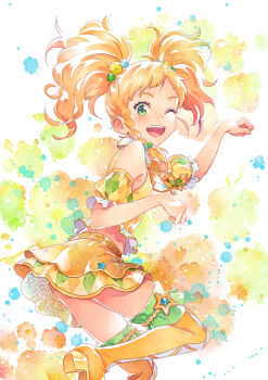 10s 1girl ;d aikatsu! aikatsu!_(series) aikatsu_stars! blonde_hair boots braid detached_sleeves faux_traditional_media female_focus from_side green_eyes hair_bobbles hair_ornament high_heels highres idol katoh_akatsuki leg_up nikaido_yuzu one_eye_closed open_mouth paw_pose side_braid single_braid skirt smile solo star_(symbol) thigh_boots thighhighs twintails rating:General score:16 user:danbooru