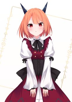  1girl absurdres black_bow bow brown_hair commentary_request dragon_horns dress highres horns juliet_sleeves laika_(slime_taoshite_300_nen) long_sleeves looking_at_viewer parted_lips puffy_sleeves red_dress red_eyes riya_(01214) shirt sleeves_past_wrists slime_taoshite_300_nen_shiranai_uchi_ni_level_max_ni_nattemashita solo white_background white_shirt 