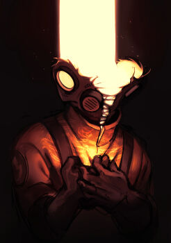  1other absurdres arms_up black_background black_mask body_horror commentary dated_commentary gas_mask gloves highres mask oblique-lane pyro_(tf2) red_pyro_(tf2) rubber_gloves split_head team_fortress_2 upper_body 