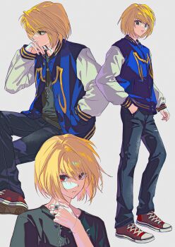  1boy alternate_costume arm_up black_shirt blonde_hair blue_pants brown_eyes buttons commentary crew_neck denim grey_background hand_in_pocket head_rest highres hunter_x_hunter invisible_chair jacket jeans jewelry kurapika long_sleeves looking_to_the_side lunar_(lunar_815) male_focus multiple_views necklace open_clothes open_jacket pants red_eyes red_shoes shirt shoelaces shoes short_hair sideways_glance simple_background sitting sneakers standing symbol-only_commentary torn_clothes torn_jeans torn_pants 