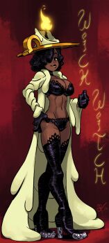  1girl absurdres alex_ahad black_bra black_gloves black_hair black_panties boots bra breasts candle candle_hat_ornament candlestand character_name cleavage coat commentary dark-skinned_female dark_skin english_commentary fire full_body gloves hair_over_one_eye hand_on_own_hip high_heel_boots high_heels highres large_breasts lingerie long_coat looking_at_viewer navel open_clothes open_coat original panties purple_eyes ringlets short_hair smile solo standing thigh_boots underwear very_dark_skin white_coat wick_witch witch 