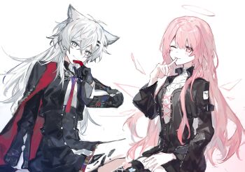  2girls animal_ears arknights black_boots black_dress black_gloves black_skirt blue_eyes boots choker coat coat_on_shoulders cropped_jacket crossed_bangs dress gloves hair_between_eyes hair_ornament hairclip halo highres index_finger_raised lappland_(arknights) lappland_the_decadenza_(arknights) lemuen_(arknights) long_hair looking_at_viewer material_growth motoharu_(motoharuuuu) multiple_girls necktie one_eye_closed oripathy_lesion_(arknights) pink_eyes pink_halo shirt shirt_tucked_in simple_background sitting skirt smile thigh_boots white_background white_choker white_shirt wolf_ears wolf_girl 