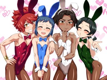  4boys animal_ears bare_shoulders blue_hair blush bow bowtie brown_legwear bulge crossdressing crossdressing_(mtf) dark-skinned_male dark_skin detached_collar fake_animal_ears gundam gundam_build_fighters iori_sei looking_at_viewer male_focus male_playboy_bunny multiple_boys nagiichi nils_nielsen pantyhose playboy_bunny rabbit_ears rabbit_tail red_hair reiji_(gundam_bf) shota simple_background smile tail trap wrist_cuffs yasaka_mao yellow_eyes  rating:Questionable score:48 user:taskmimi