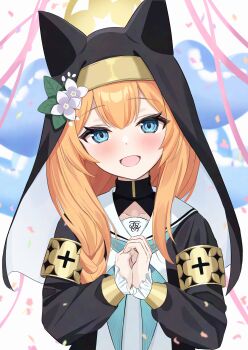  1girl absurdres animal_ear_headwear animal_ears blue_archive blue_eyes blue_neckerchief blush braid fake_animal_ears flower habit hair_flower hair_ornament halo highres long_hair long_sleeves looking_at_viewer mari_(blue_archive) mikeran5648 neckerchief nun open_mouth own_hands_clasped own_hands_together simple_background smile solo white_background 