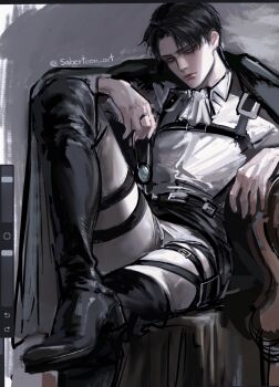  1boy arm_on_knee ascot black_boots black_hair boots chest_belt closed_mouth commentary english_commentary highres knees_up levi_(shingeki_no_kyojin) looking_at_viewer male_focus pants sabertoon_artt shingeki_no_kyojin shirt short_hair sitting solo thigh_strap thighs unfinished white_ascot white_pants white_shirt 
