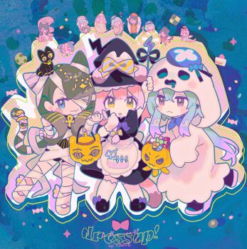  1boy 2girls alternate_costume animal_ears arknights black_hair blue_eyes blue_hair cat_ears cat_girl cat_tail closed_mouth commentary creator_connection ghost_costume goldenglow_(arknights) halloween_costume hat jack-o'-lantern mizuki_(arknights) multiple_girls mummy_costume namie-kun pepe_(arknights) pink_eyes pink_hair symbol-only_commentary tail witch_hat yellow_eyes 