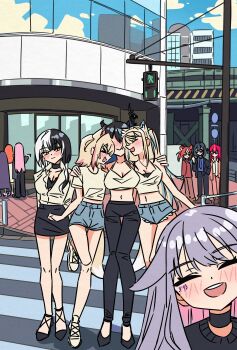  >_< 6+girls absurdres animal_ears arm_around_shoulder asymmetrical_horns black_choker black_hair black_pants black_skirt blonde_hair blue_hair blue_sky blush breasts casual choker cloud commentary crosswalk crosswalk_sign cutoff_jeans cutoffs denim denim_shorts dog_ears dog_girl dog_tail from_behind fuwawa_abyssgard grey_hair hakos_baelz highres holoadvent hololive hololive_english holomyth holopromise horns irys_(hololive) klefpto koseki_bijou large_breasts long_hair midriff mococo_abyssgard mori_calliope multicolored_hair multiple_girls nerissa_ravencroft ninomae_ina'nis orange_hair ouro_kronii overpass pants pink_hair pointing purple_hair reflection road shiori_novella shirt short_hair shorts siblings sisters skirt sky skyline smile strappy_heels streaked_hair street sunglasses tail takanashi_kiara twins uneven_horns virtual_youtuber white_shirt yellow_eyes 