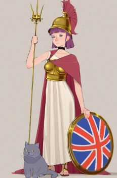  absurdres amelia_(pathways) armor black_choker blue_eyes breastplate britannia british_shorthair cape cat choker dress gold gold_armor helmet hhcccp highres holding holding_polearm holding_shield holding_weapon mole mole_under_eye pathways_(game) plume polearm purple_hair red_cape red_plume shield slippers trident union_jack united_kingdom weapon white_dress yellow_eyes 