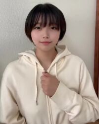  1girl animated areola_slip asian breasts hitorichan2525 indoors looking_at_viewer medium_breasts no_bra parted_lips real_life short_hair smile solo sound tagme teasing teeth unzipped unzipping upper_body video 