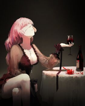  1girl absurdres alternate_costume bandages bandages_over_eyes black_dress bottle breasts cleavage commentary cross cross_necklace crossed_legs cup deeno dress drinking_glass feet_out_of_frame highres holding holding_cup jewelry long_hair long_sleeves medium_breasts necklace phrolova_(wuthering_waves) sitting solo wuthering_waves 