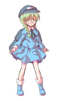  1girl alphes_(style) backpack bag blue_boots blue_hat blue_shirt blue_skirt blush boots braid collared_shirt commentary_request dairi full_body glasses glasses_kappa green_eyes green_hair hair_between_eyes hair_over_shoulder hair_tie hat kappa_mob_(touhou) large_variant_set legs_apart long_hair long_sleeves miniskirt parody round_eyewear rounded_corners semi-rimless_eyewear shirt skirt solo standing style_parody tachi-e touhou transparent_background twin_braids under-rim_eyewear variant_set 