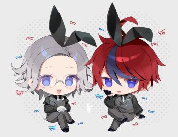  2boys animal_ears aotsuki_eito black_gloves black_shirt blue_eyes blue_hair chibi chibi_only commentary crossed_legs fake_animal_ears fake_tail glasses gloves grey_hair grey_pants grey_vest highres invisible_chair long_sleeves male_focus multicolored_hair multiple_boys necktie okapi_hndr open_mouth own_hands_together pants rabbit_ears rabbit_tail red_hair shirt simple_background sitting streaked_hair sumino_takumi sweat symbol-only_commentary tail the_hundred_line_-last_defense_academy- vest white_gloves white_necktie 