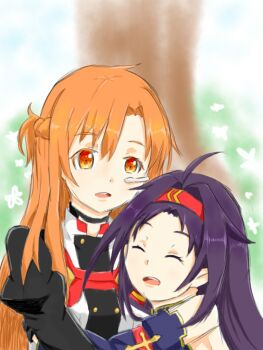  2girls asuna_(sao) headband multiple_girls sunoko_(sao) sword_art_online sword_art_online_the_movie:_ordinal_scale tearing_up tree yuuki_(sao) 