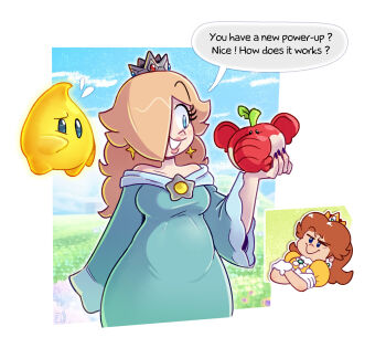 2026 2girls artist_logo bare_shoulders belly blue_gem blue_sky breasts brooch closed_mouth cloud commentary crossed_arms crown ear_piercing earrings elephant_fruit english_commentary flower_brooch flower_earrings flying_sweatdrops francois.l gem gloves gold_crown green_gem hair_over_one_eye highres holding jewelry logo long_sleeves luma_(mario) mario_(series) multiple_girls nintendo open_mouth piercing plump princess_daisy puffy_short_sleeves puffy_sleeves purple_nails raised_eyebrow red_gem rosalina short_sleeves silver_crown sky star_(symbol) star_brooch star_earrings super_mario_bros._wonder white_gloves yellow_gem