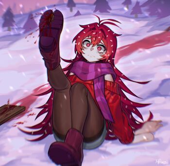  1girl ahoge antenna_hair arm_support bleeding blood blood_drip blood_on_feet blood_trail blue_shorts boots bright_pupils brown_pantyhose constricted_pupils deep_wound denim denim_shorts double-parted_bangs flaky_(happy_tree_friends) frown full_body fur_boots hair_flaps hair_intakes happy_tree_friends highres humanization injury leg_up long_hair looking_up mary_felizola messy_hair off-shoulder_sweater off_shoulder pantyhose personification plank purple_boots purple_scarf red_boots red_eyes red_hair red_sweater scared scarf shorts sitting snow snowing striped_clothes striped_scarf sweater thighband_pantyhose tree ugg_boots unkempt vertical-striped_clothes vertical-striped_scarf very_long_hair white_pupils winter worried 