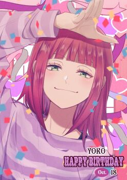  1girl arm_up blunt_bangs bra_strap character_name commentary confetti dated green_eyes happy_birthday highres katori_youko long_hair pink_background purple_shirt red_hair riku_(okiriku24) shirt smile solo striped_clothes striped_shirt world_trigger 