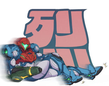  1girl arm_cannon armor assault_visor blue_armor commentary_request full_armor green_visor metroid metroid_dread nintendo normal_suit_(metroid) power_armor power_suit_(metroid) samus_aran science_fiction solo wakaba_(wata_ridley) weapon white_background 