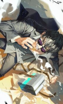  1boy absurdres an_kyoung black-framed_eyewear black_eyes black_hair black_jacket black_pants cigarette collared_shirt commentary_request feet_out_of_frame grin hair_between_eyes highres holding holding_cigarette holding_weapon jacket korean_commentary looking_at_viewer male_focus nicholas_d._wolfwood pants purple-tinted_eyewear shirt short_hair smile smoke smoking solo suit_jacket sunglasses teeth tinted_eyewear trigun weapon white_shirt 