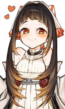  1girl absurdres amo_empool bare_shoulders breasts brown_hair choker colored_tips commentary_request gachiakuta hat heart highres horizontal_pupils long_hair looking_at_viewer multicolored_hair orange_eyes orange_hair simple_background smile solo upper_body white_background white_hat zukki0731 