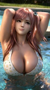  1girl 3d artist_request bikini blurry blurry_background breasts cleavage closed_mouth dead_or_alive earrings female_focus floral_print floral_print_bikini hair_ornament highres honoka_(doa) jewelry large_breasts long_hair matching_hair/eyes partially_submerged pink_eyes pink_hair print_bikini skull_hair_ornament smile solo swimsuit tecmo water white_bikini  rating:Sensitive score:13 user:Groveman