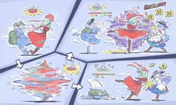  >_< 3girls apron arrow_(symbol) black_hat blue_boots blue_hair blue_shirt blue_skirt boots bow bowtie brown_boots brown_corset button_prompt closed_eyes commentary corset damage_numbers doll_joints dress english_commentary english_text fighting fruit_hat_ornament gameplay_mechanics green_bag green_hair green_hat hair_bobbles hair_bow hair_ornament hair_ribbon hat hat_ornament highres hinanawi_tenshi holding_hands joints kagiyama_hina kawashiro_nitori knee_boots leaf_hat_ornament long_hair lying multiple_girls on_stomach open_mouth oysterfried peach_hat_ornament puffy_short_sleeves puffy_sleeves rainbow_order red_bow red_bowtie red_dress red_ribbon ribbon rubber_boots shirt short_sleeves skirt smile spinning touhou two_side_up very_long_hair waist_apron white_shirt 