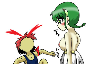  1boy 1girl blood breasts green_hair hiiragi_rokuna medium_breasts mon_colle_knights nosebleed ooya_mondo oppai_loli rokumon_tengai_mon_colle_knight simple_background tagme topless_female wardrobe_malfunction white_background 