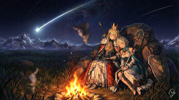  2girls absurdres alice_(wizardry) armor bare_shoulders blonde_hair breasts cleavage_cutout cloak closed_eyes clothing_cutout commentary_request crown fireplace fur-trimmed_cloak fur_trim ghost hairband highres holding holding_staff lanavaille_(wizardry) leaning_on_person long_hair mage_staff medium_breasts mountainous_horizon multiple_girls night plate_armor pointy_ears scenery shield shooting_star signature sitting sky sleeping staff star_(sky) starry_sky sword sword_on_back weapon weapon_on_back willta wizardry wizardry_variants_daphne 