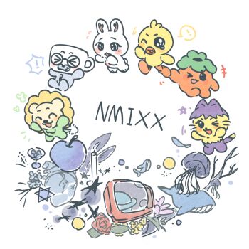  >_< :3 :d ;d ^_^ animalization apple bae_(nmixx) blue_apple blue_whale cat chinese_commentary closed_eyes cocktail_glass commentary copyright_name cup drinking_glass flower food fruit glasses haewon_(nmixx) highres if_happiness_is_a_circle_(meme) jellyfish jiwoo_(nmixx) kyujin_(nmixx) lily_(nmixx) meme mole mole_under_eye nmixx no_humans one_eye_closed open_mouth pink_flower rabbit red_flower red_rose rose round_eyewear simple_background six_pointed_star smile sullyoon_(nmixx) whale white_background woodonly yellow_flower 