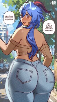 1girl 2025 absurdres ahoge alternate_costume artist_name ass ass_focus backboob beige_sweater blue_hair blurry blurry_background blush breasts car cleavage collarbone cowboy_shot curvy day denim embarrassed ganyu_(genshin_impact) genshin_impact half-closed_eyes highres horns huge_ass huge_filesize jeans jerkdibuja large_breasts long_hair long_sleeves looking_back midriff motor_vehicle off_shoulder open_mouth outdoors pants parted_lips plunging_neckline purple_eyes road shadow solo_focus spanish_commentary spanish_text sparkle speech_bubble thick_thighs thighs translated variant_set rating:Sensitive score:32 user:Itwyug3
