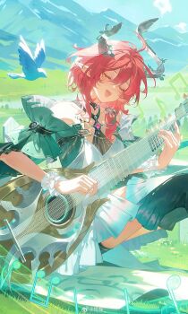  1girl absurdres bare_shoulders beamed_eighth_notes bird boots breasts ciaccona_(wuthering_waves) closed_eyes dress feet_out_of_frame green_boots green_jacket hair_between_eyes highres horns instrument jacket knees_up medium_breasts missing_commentary mountainous_horizon music musical_note open_mouth outdoors playing_instrument pointy_ears red_hair sidelocks sitting smile solo tacet_mark_(wuthering_waves) thigh_boots thighs tree_horns white_bird white_dress wuthering_waves zhongjin  rating:Sensitive score:5 user:danbooru