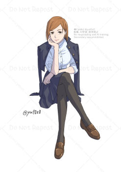  1girl arm_support black_pantyhose breasts brown_eyes brown_hair dress_shirt full_body jacket jacket_on_shoulders jujutsu_kaisen kugisaki_nobara light_smile medium_breasts pantyhose shirt short_hair solo twitter_username watermark yuto_(yut0x0) 