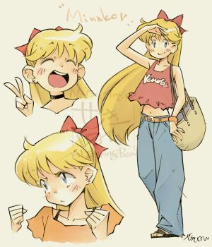  1girl ^_^ ahoge aino_minako alternate_costume arm_scrunchie bag belt bishoujo_senshi_sailor_moon black_choker black_sandals blonde_hair blue_eyes blue_pants blush bow brown_bag brown_belt character_name check_copyright choker clenched_hands closed_eyes closed_mouth clothes_writing codename_wa_sailor_v collarbone commentary commentary_request copyright_request crop_top denim ear_piercing english_commentary english_text hair_bow hand_on_own_forehead highres jeans light_frown long_hair looking_at_viewer mixed-language_commentary mullet multiple_views navel open_mouth orange_scrunchie orange_shirt pants partial_commentary piercing pink_bow pink_tank_top sandals scrunchie sekihan shirt short_sleeves shoulder_bag shoulder_strap signature simple_background smile tank_top teeth upper_body upper_teeth_only v v-shaped_eyebrows watermark yellow_background 