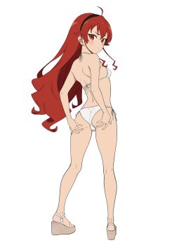  1girl absurdres ahoge ass bikini black_hairband blush breasts closed_mouth coro_fae crotch_seam eris_greyrat feet female_focus from_behind full_body grabbing_own_ass hairband hands_on_own_ass highres loli long_hair looking_at_viewer looking_back micro_bikini mushoku_tensei platform_sandals red_eyes red_hair sandals side-tie_bikini_bottom simple_background small_breasts solo standing string_bikini swimsuit thighs turning_head very_long_hair white_background white_bikini white_sandals 
